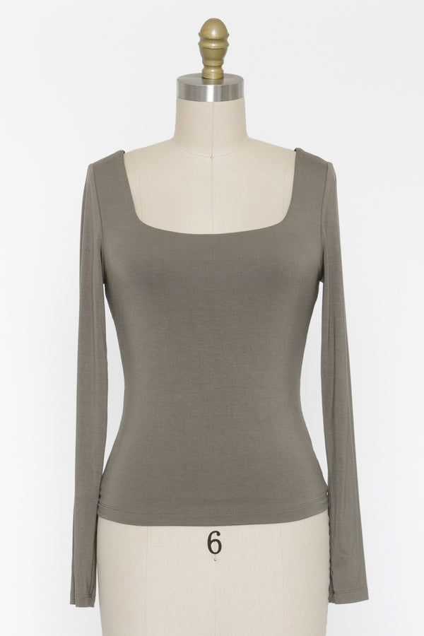 Square Neck Basic Layering Long Sleeve Vintage Olive
