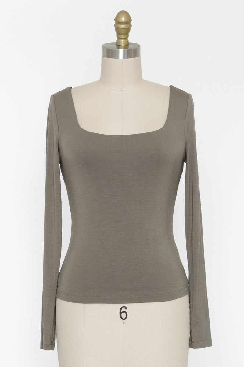 Square Neck Basic Layering Long Sleeve Vintage Olive