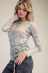 Patchwork Sheer Floral Mesh Top Sage