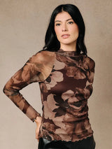 Mock Neck Long Sleeve Mesh Top Brown Floral