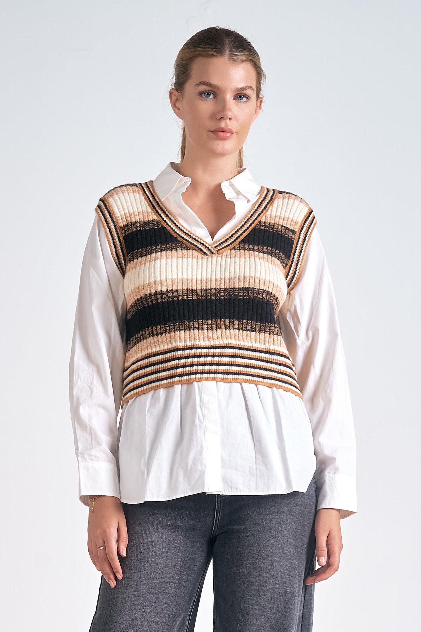 Two Fer Stripe Crop Sweater Collared Top Beige Multi