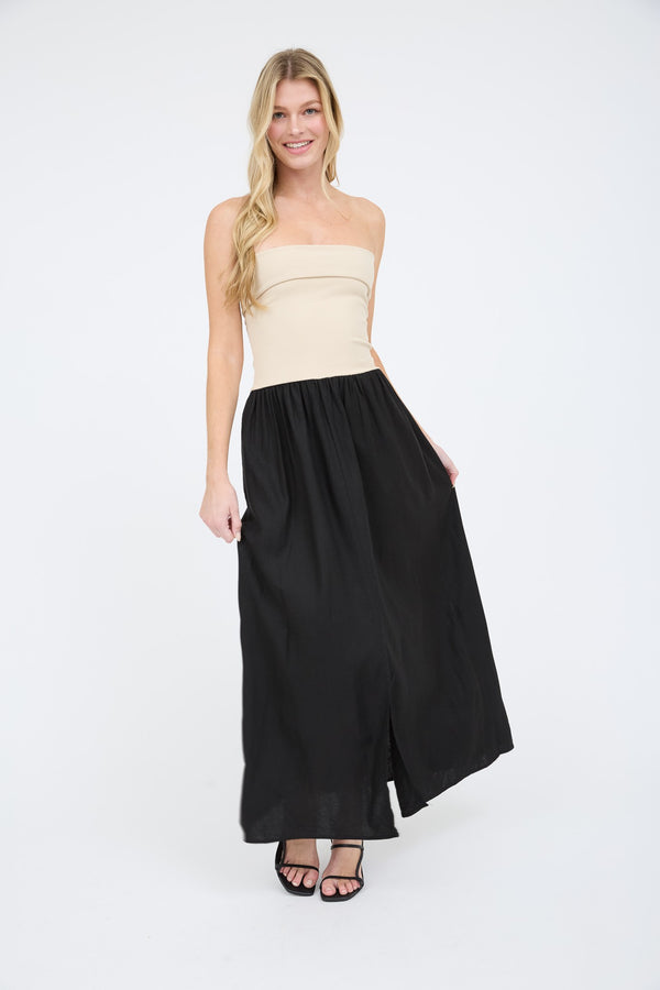 Mix Media Contrast Strapless Fold Over Midi Dress