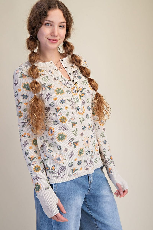 Floral Printed Washed Henley Ecru