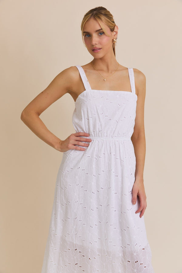 Sleeveless Square Neck Eyelet Midi Dress White