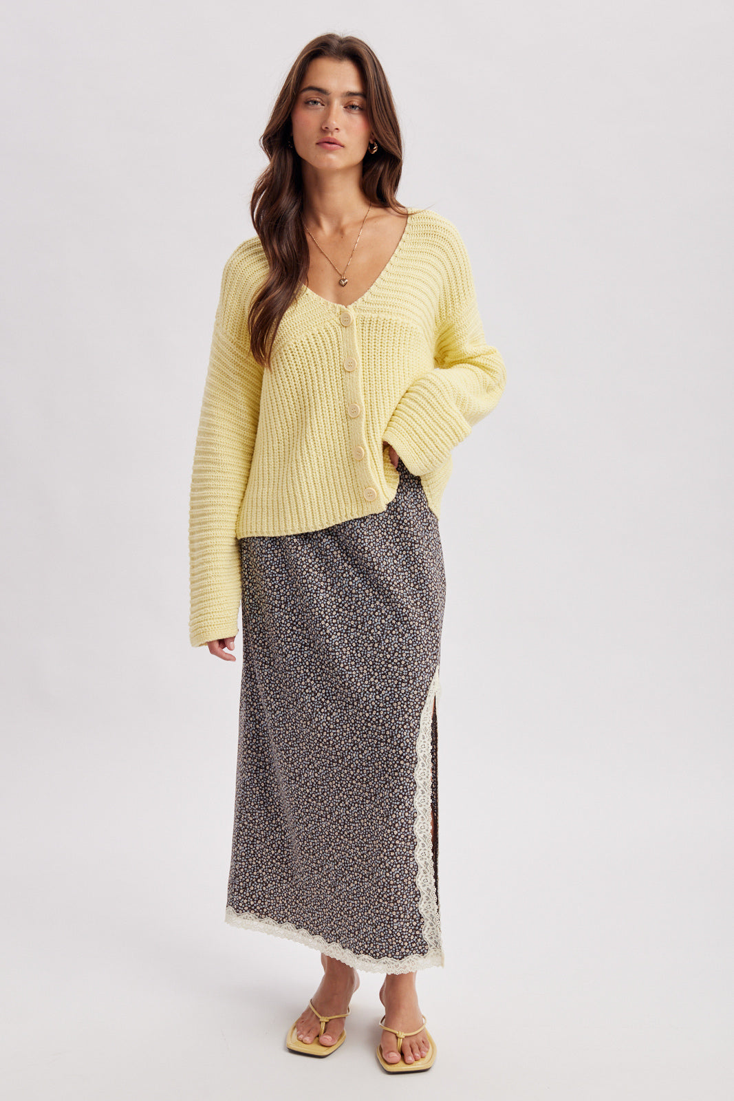 Lace Trim Ditsy Floral Midi Skirt Espresso + Blue