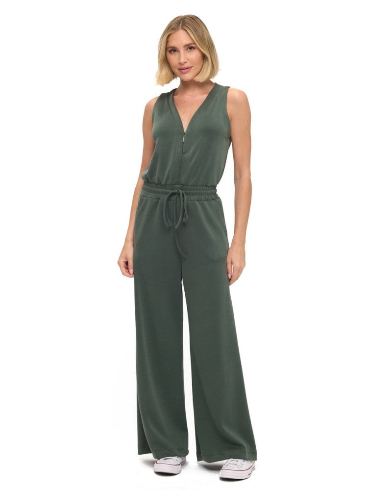 Scuba Zip Detail Drawstring Waist Jumpsuit Hunter