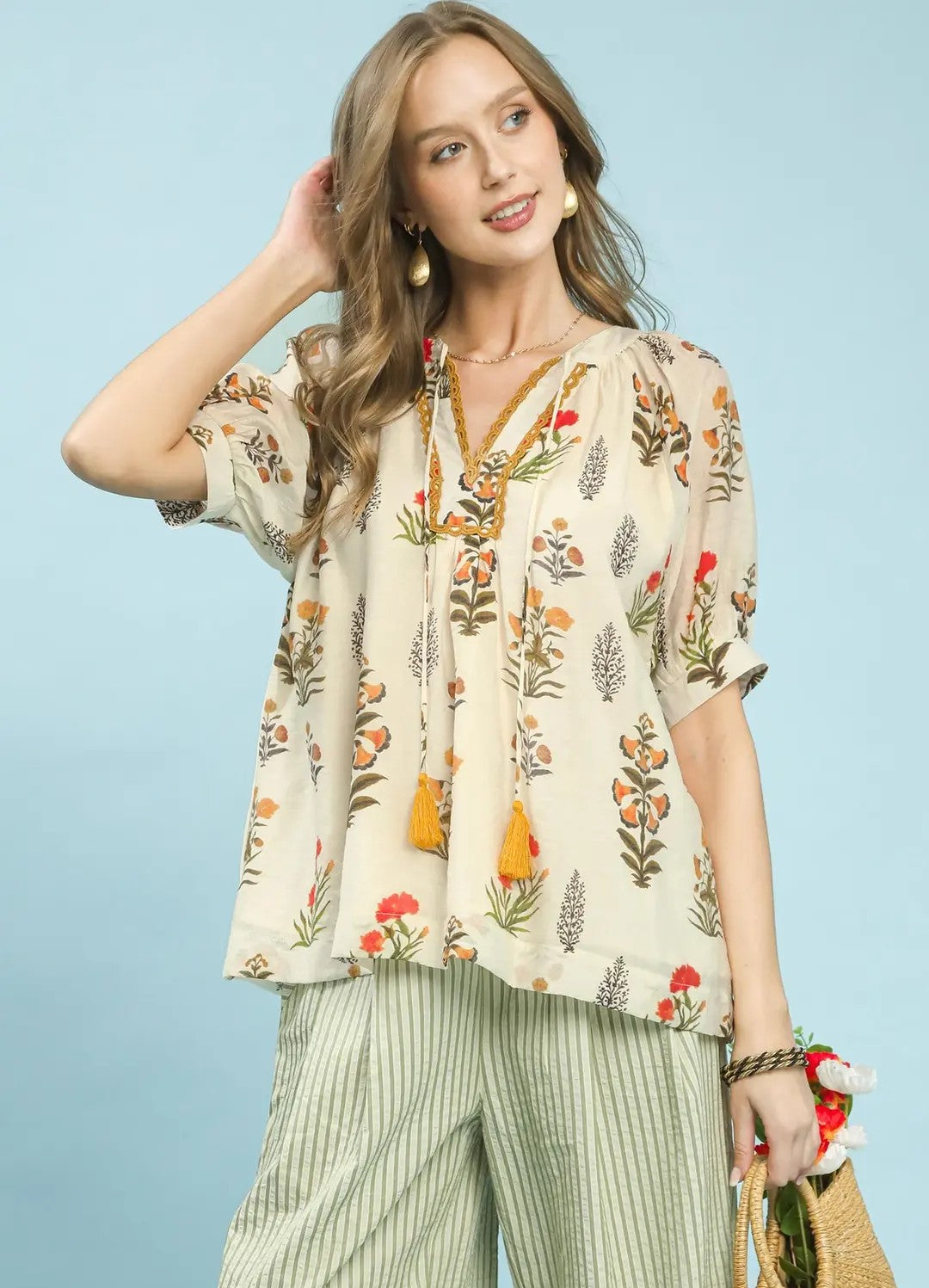 Vintage Botanicals Tassel Tie Boho Blouse Honey Mix