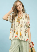 Vintage Botanicals Tassel Tie Boho Blouse Honey Mix