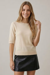 Short Sleeve Sweater Knit Top Cream
