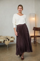Pleated Polka Dot Maxi Skirt Brown + Ivory