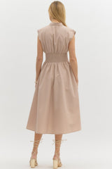 Vneck Sleevless Zipper Closure Midi Dress Latte