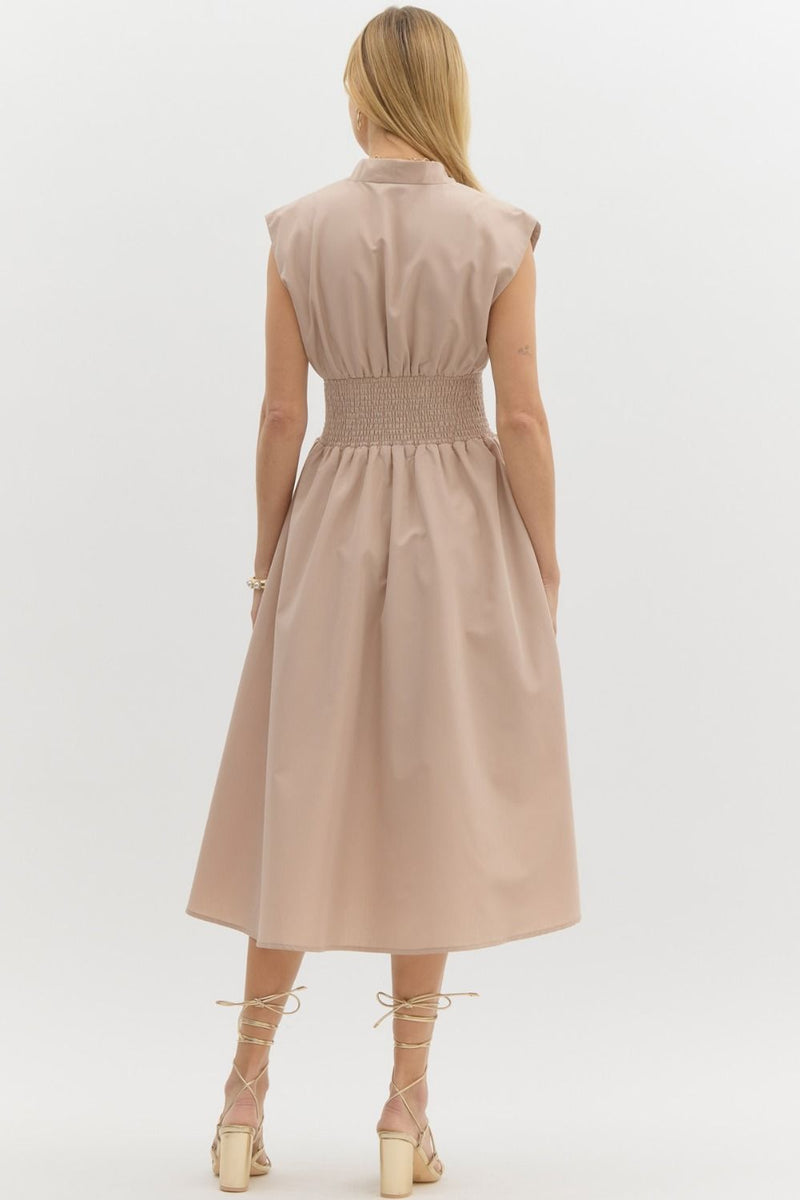 Vneck Sleevless Zipper Closure Midi Dress Latte