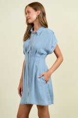 Denim Waist Pleats Collared Mini Dress Light Denim