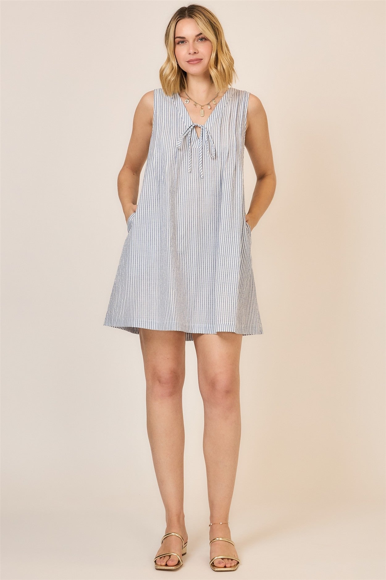 Tie Detail Vneck Stripe Sleeveless Dress Light Denim