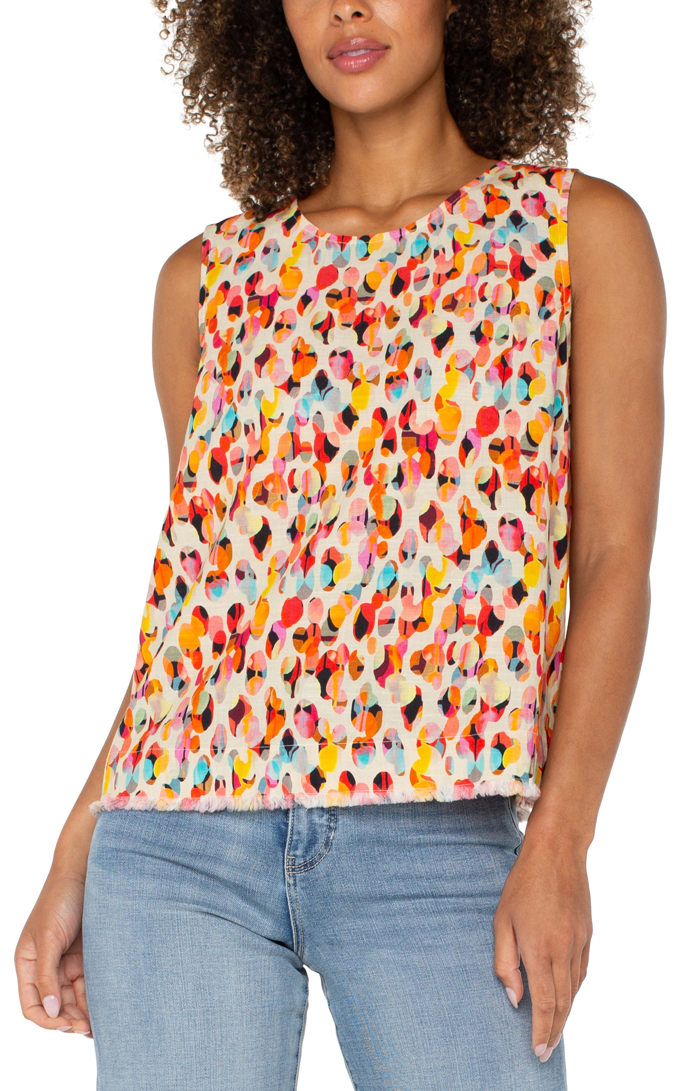 Button Back Fray Hem Printed Tank Watercolor Dots Multi