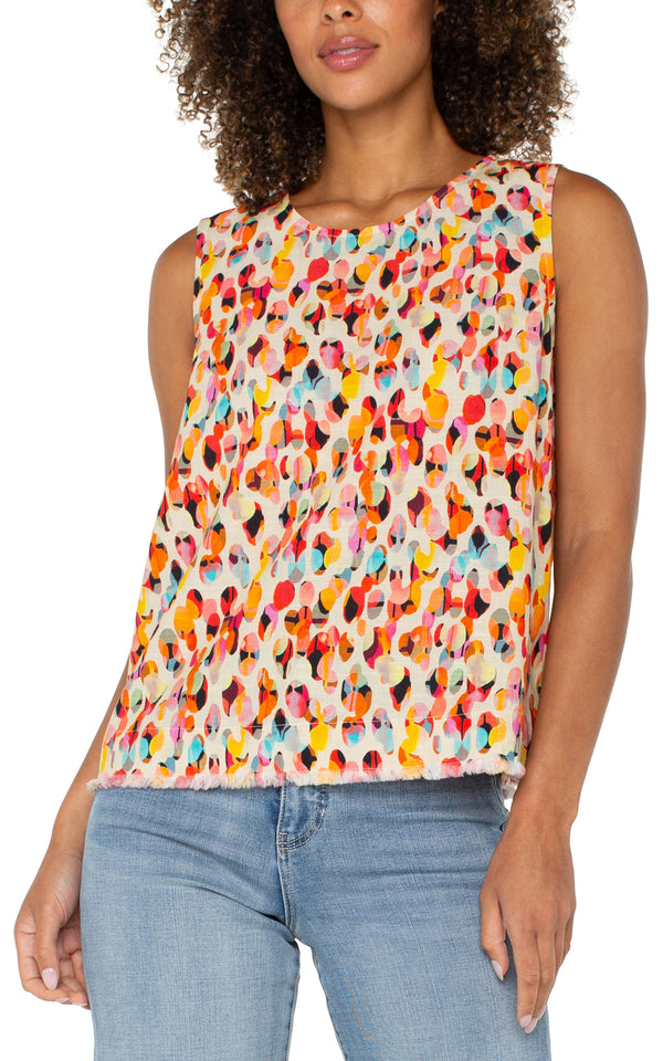Button Back Fray Hem Printed Tank Watercolor Dots Multi