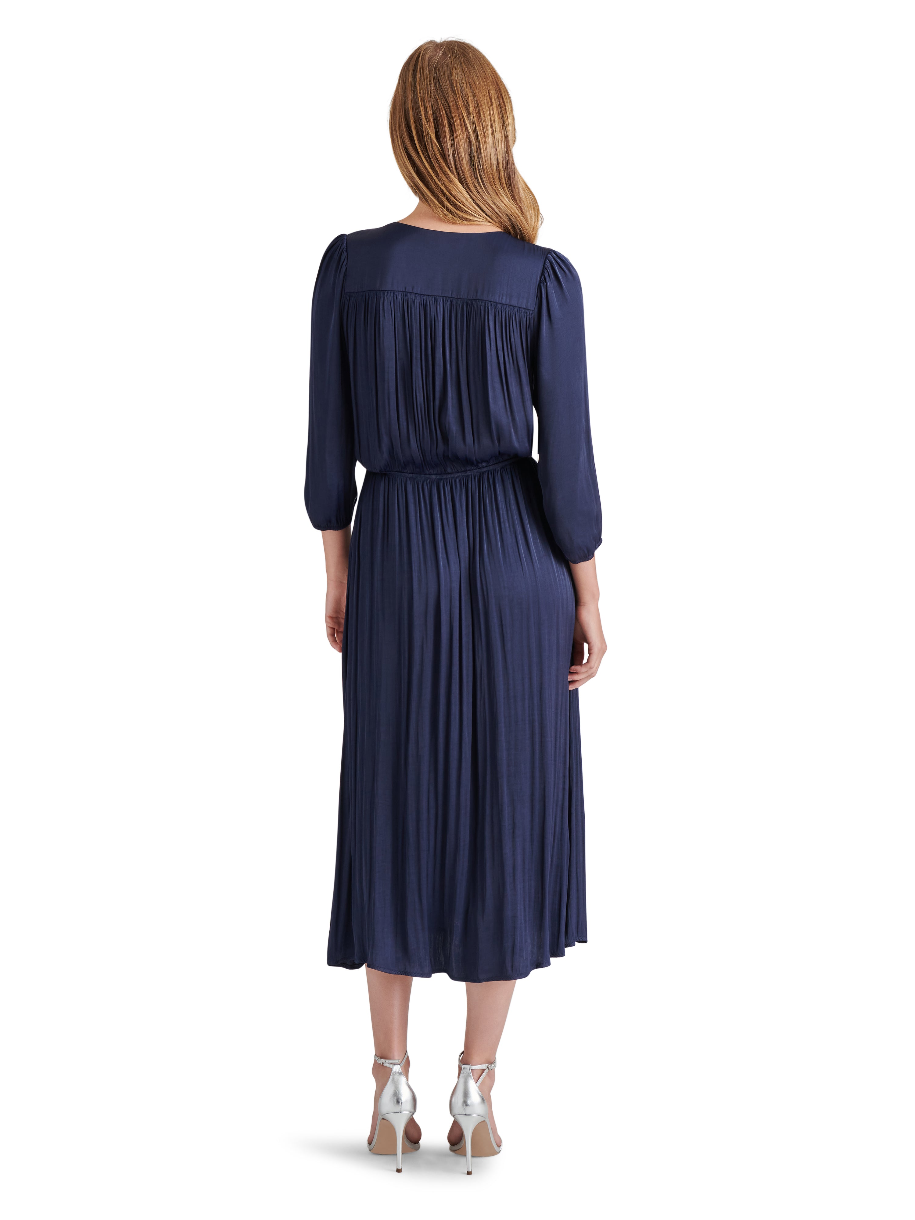 Arlene Split Front Satin Long Sleeve Midi Dress Marine