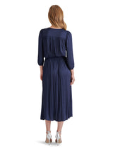 Arlene Split Front Satin Long Sleeve Midi Dress Marine