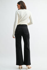Drawstring Straight Leg Denim Pants Washed Black