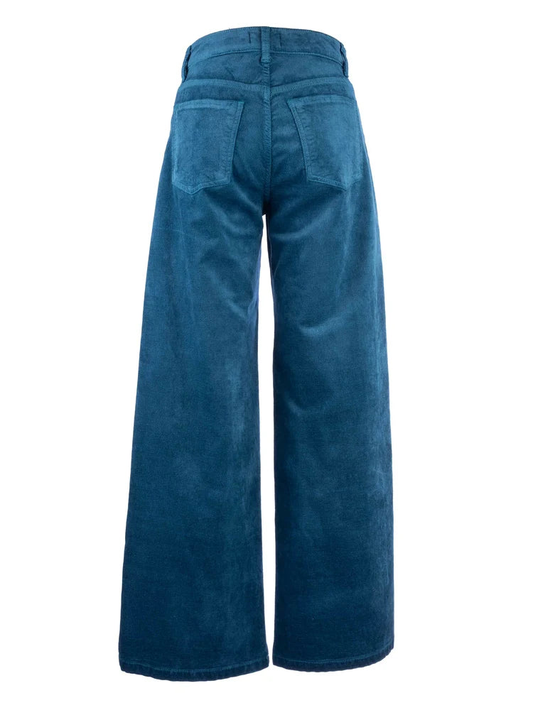 Jean High Rise Wide Leg Clean Hem Velvet Pants Teal Blue