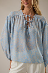 Tie Neck Printed Semi Sheer Long Sleeve Blouse Light Blue Cream Paisley