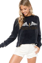 Rock & Roll Bolt Wings Long Sleeve Crop Tee Black