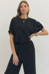 3/4 Sleeve Bubble Button Top Black