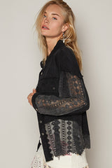 Oversize Crochet Lace Contrast Button Down Jacket Black