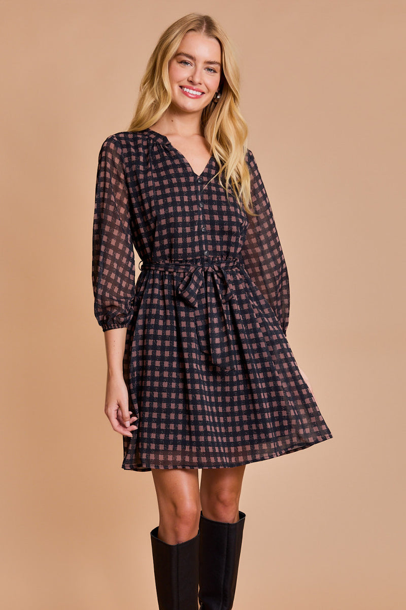 Shirred Vneck Button Detail Check Print Dress Black Brown
