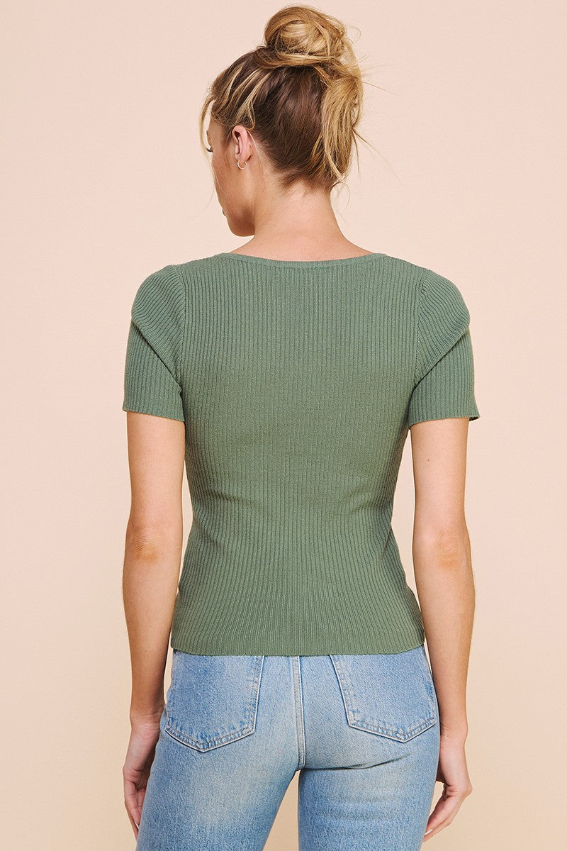 Square Neck Ribbed Fine Gauge Top Ivy