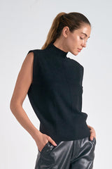 Seam Detail Turtleneck Sleeveless Sweater Black