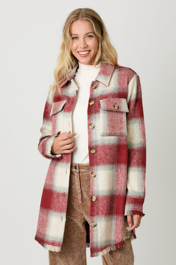 Frayed Hem Detail Long Plaid Jacket Red