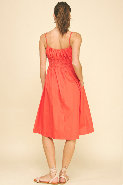 Scrunched Strap Smocked Detail Midi Dress Orange Red