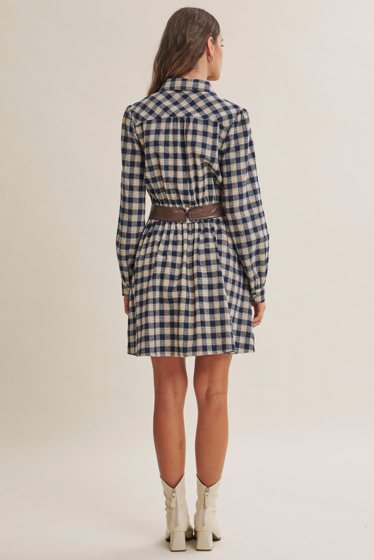 Leather Belt Plaid Shirt Mini Dress Indigo