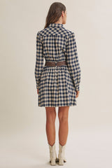 Leather Belt Plaid Shirt Mini Dress Indigo