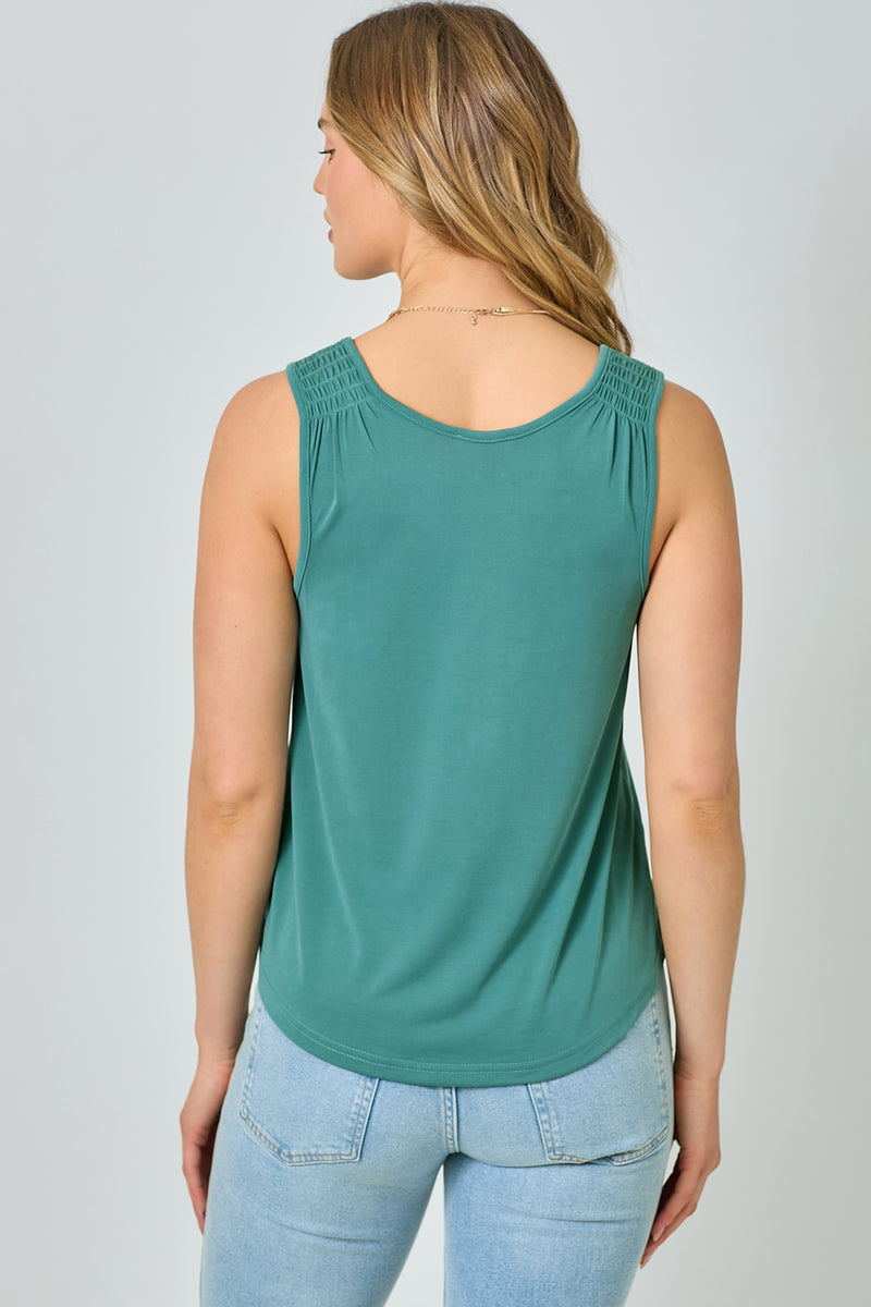 Cupro Modal Smocked Shoulder Tank Emerald