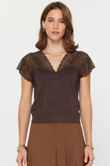 Sparkle Scalloped Lace Trim Top Brown