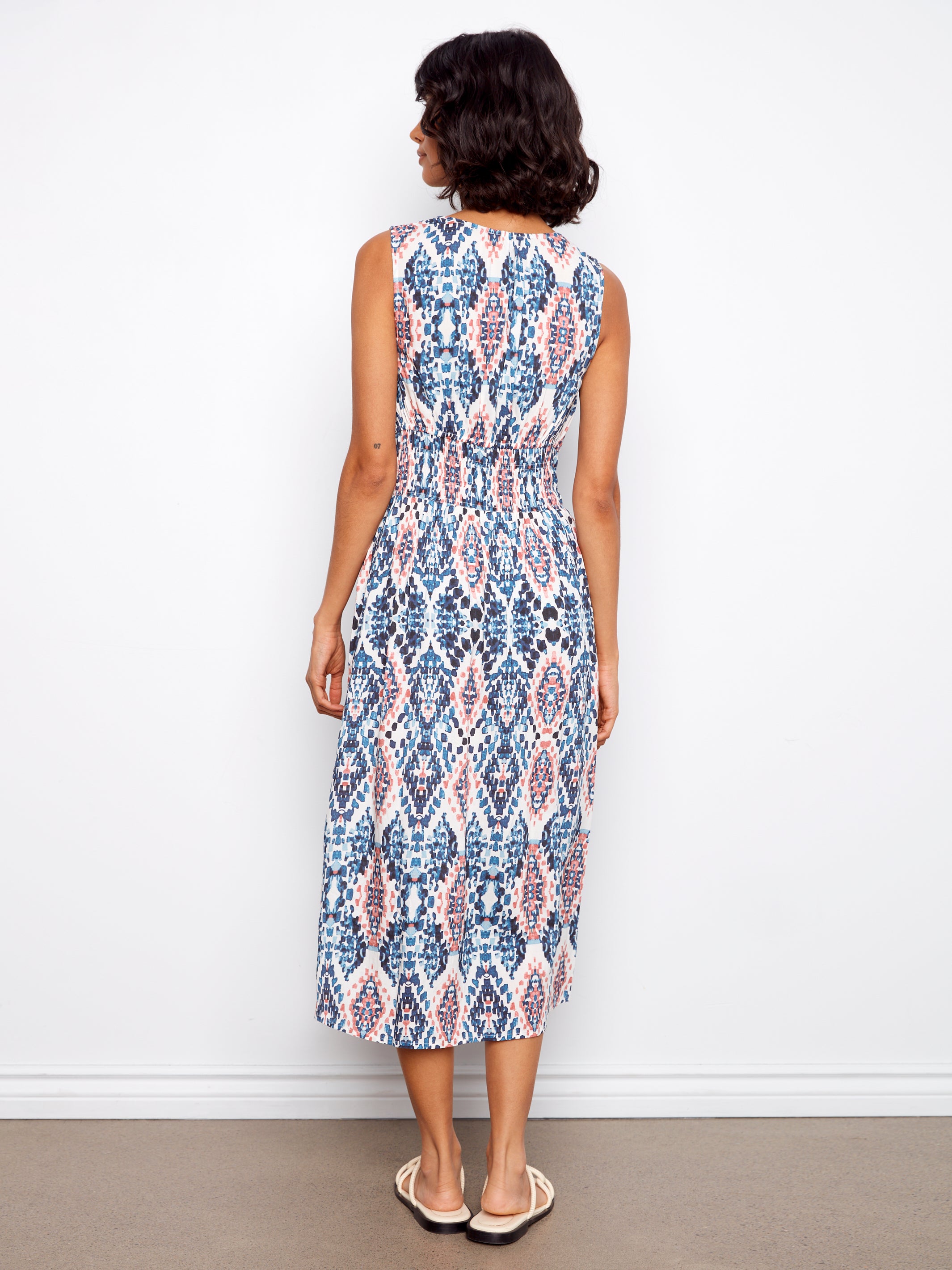 Vneck Smocked Waist Printed Midi Dress Nomad