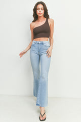 Distressed Raw Hem Flare Jeans Light Denim