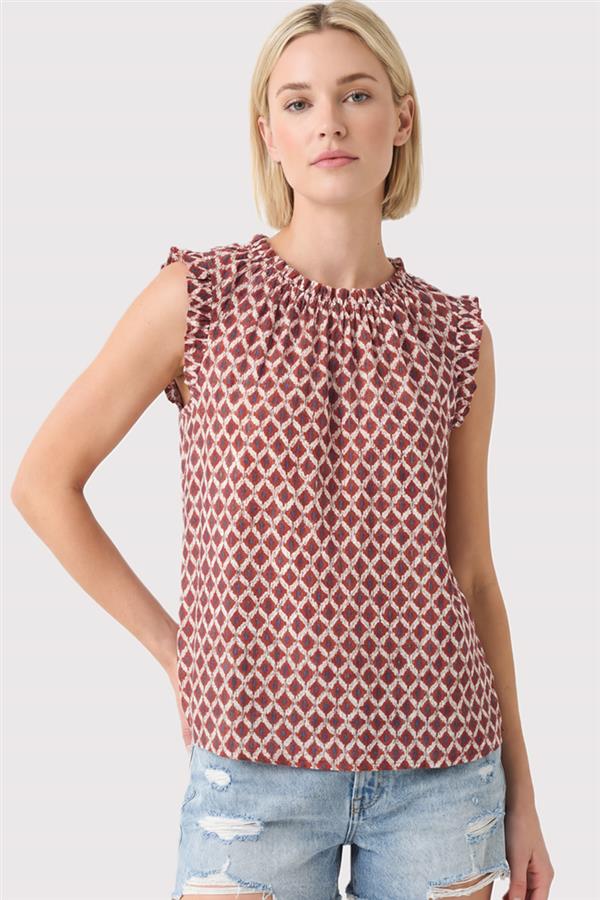 High Neck Ruffle Geo Printed Tank Burgundy + Navy