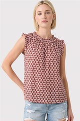 High Neck Ruffle Geo Printed Tank Burgundy + Navy