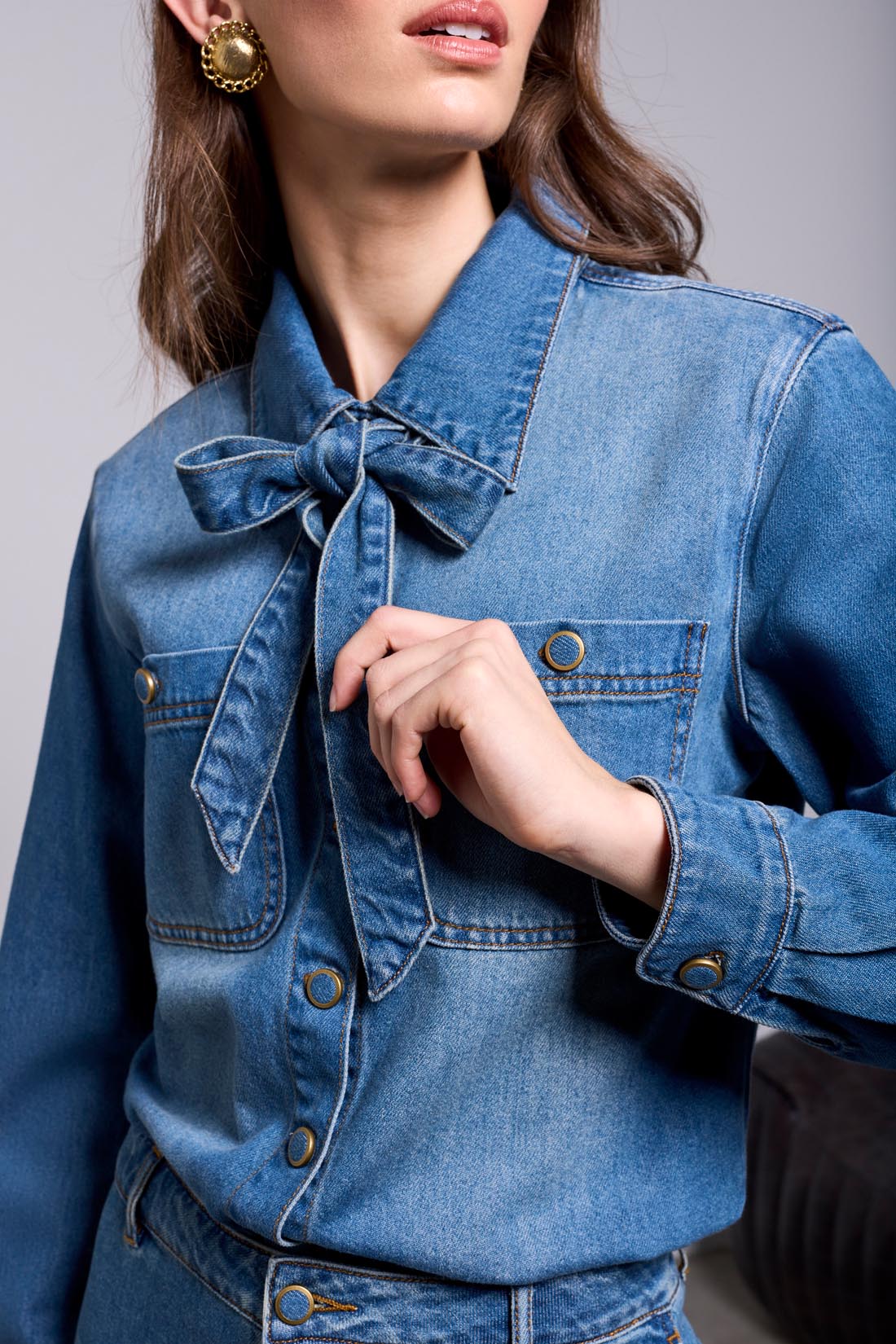 Removable Self Tie Denim Blouse Authentic Blue