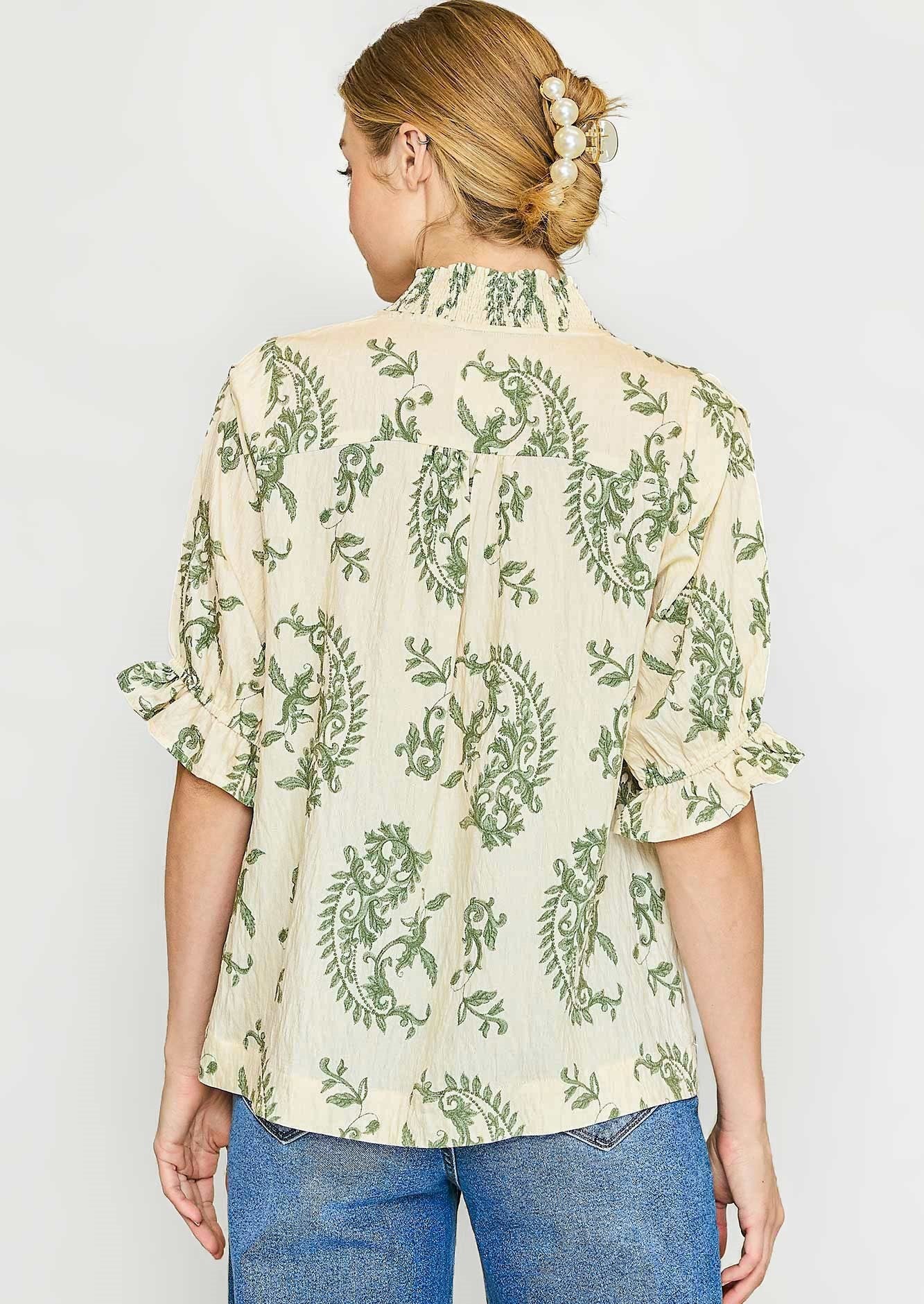 Fern Print Notched Vneck Ruffle Trim Top Green Mix