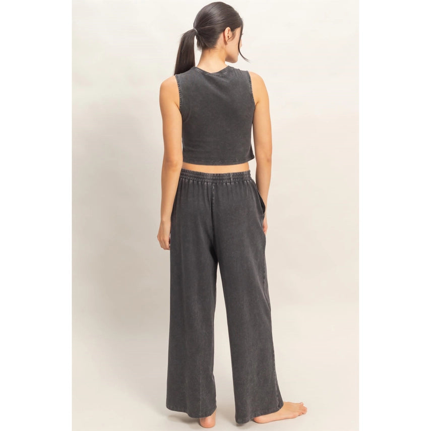 Mineral Washed Tank Wide Leg Pants Set Black