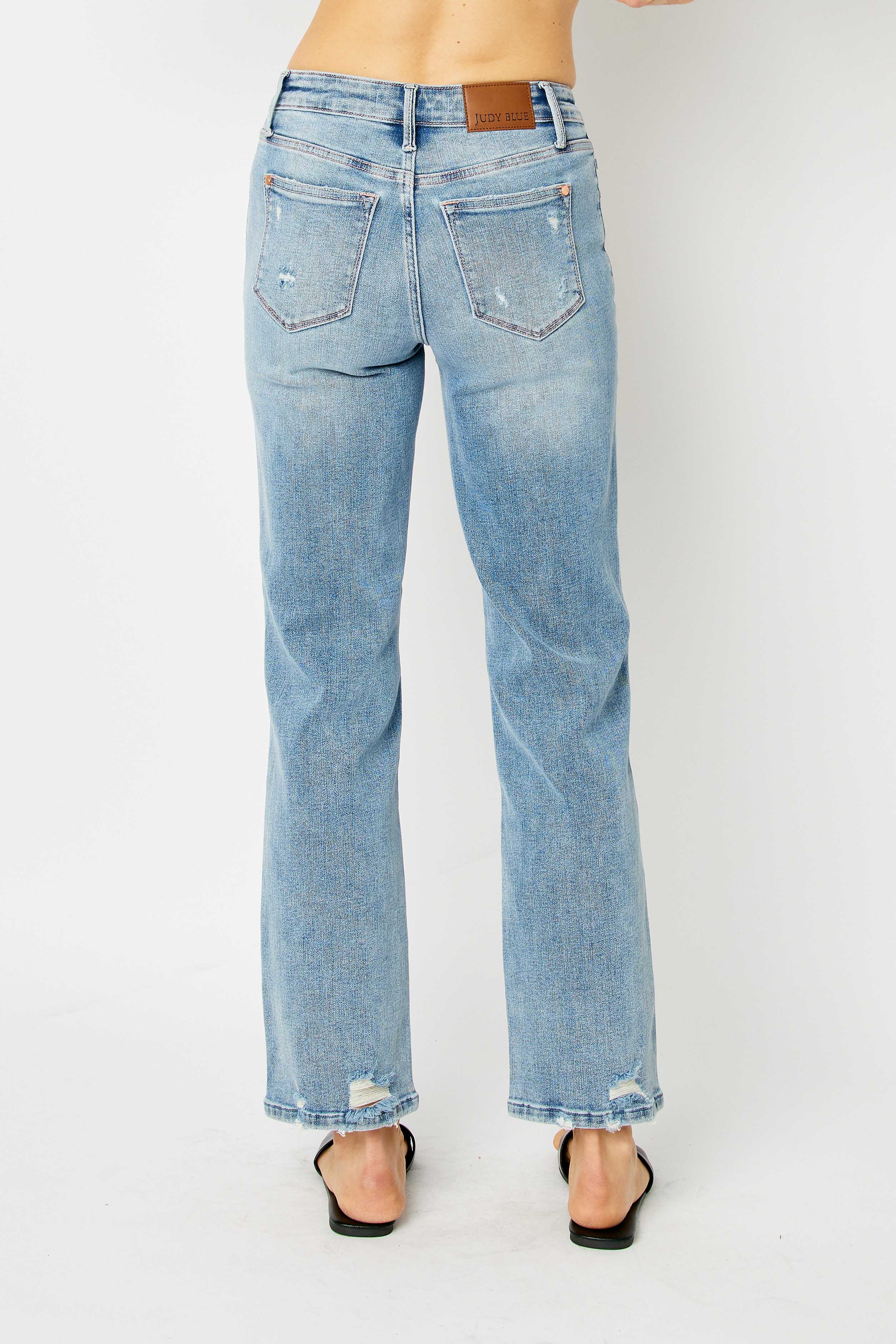 Destructed Detail High Rise Straight Leg Jeans Medium