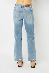 Destructed Detail High Rise Straight Leg Jeans Medium