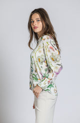 Smocked Cuff Split Neck Blouse White Multi
