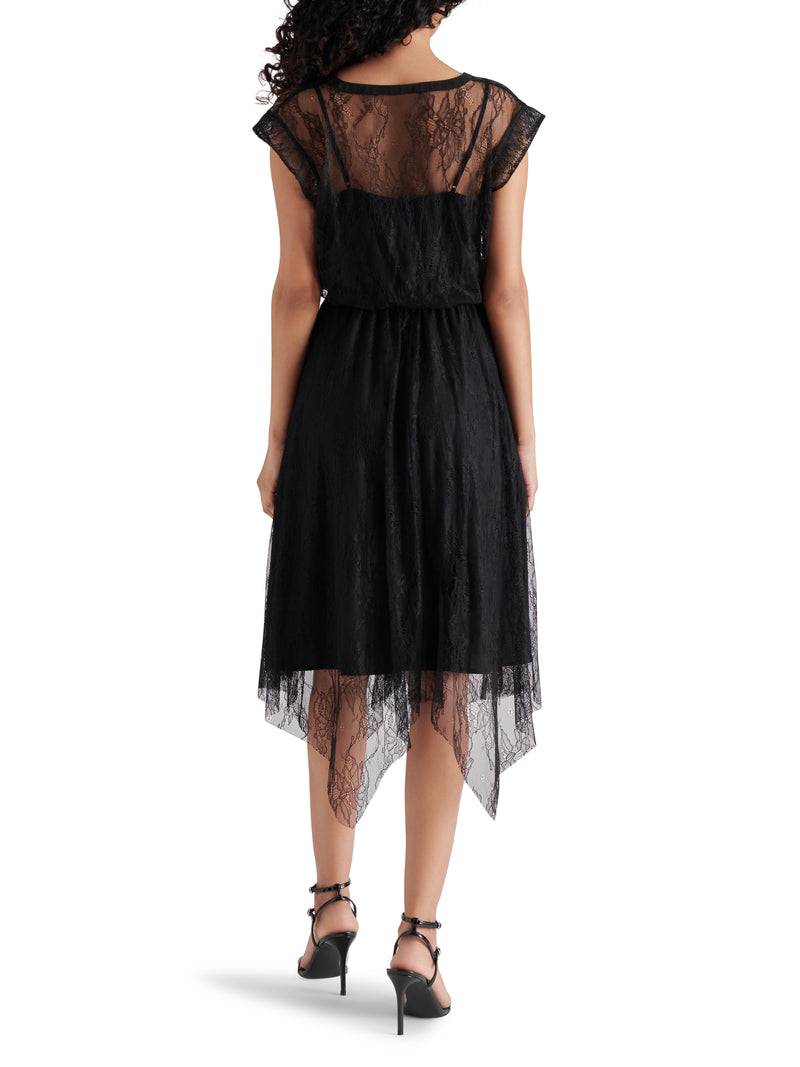 Vale Hanky Hem Chiffon Pleated Lace Midi Dress Black