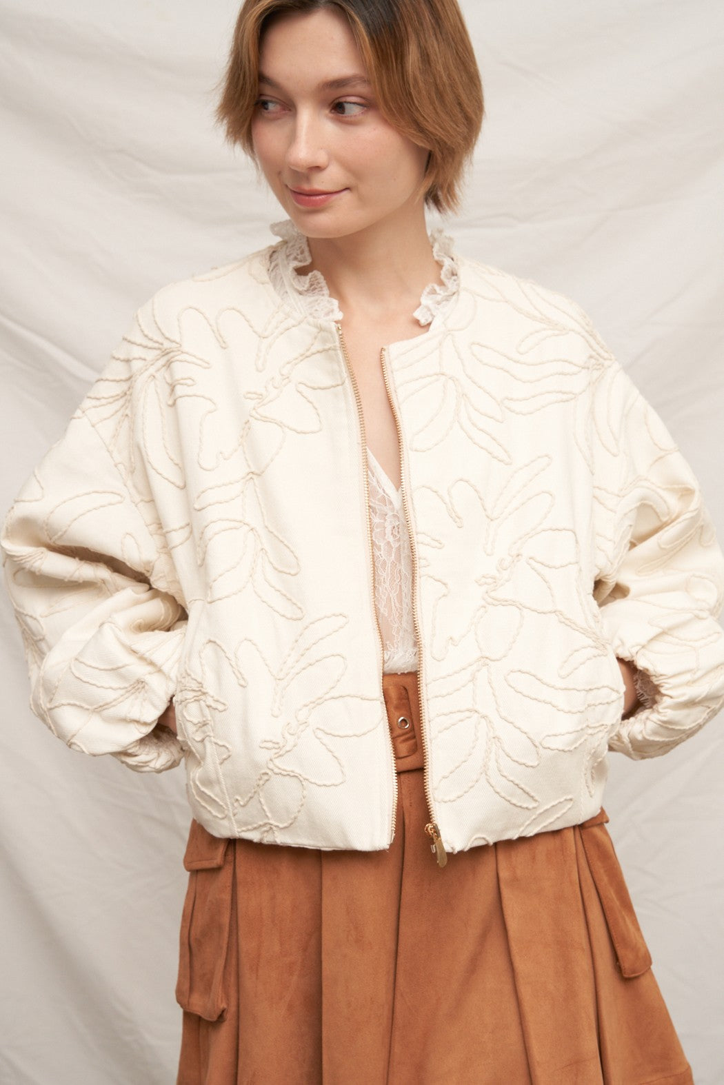 Embroidered Floral Pattern Bomber Jacket Beige