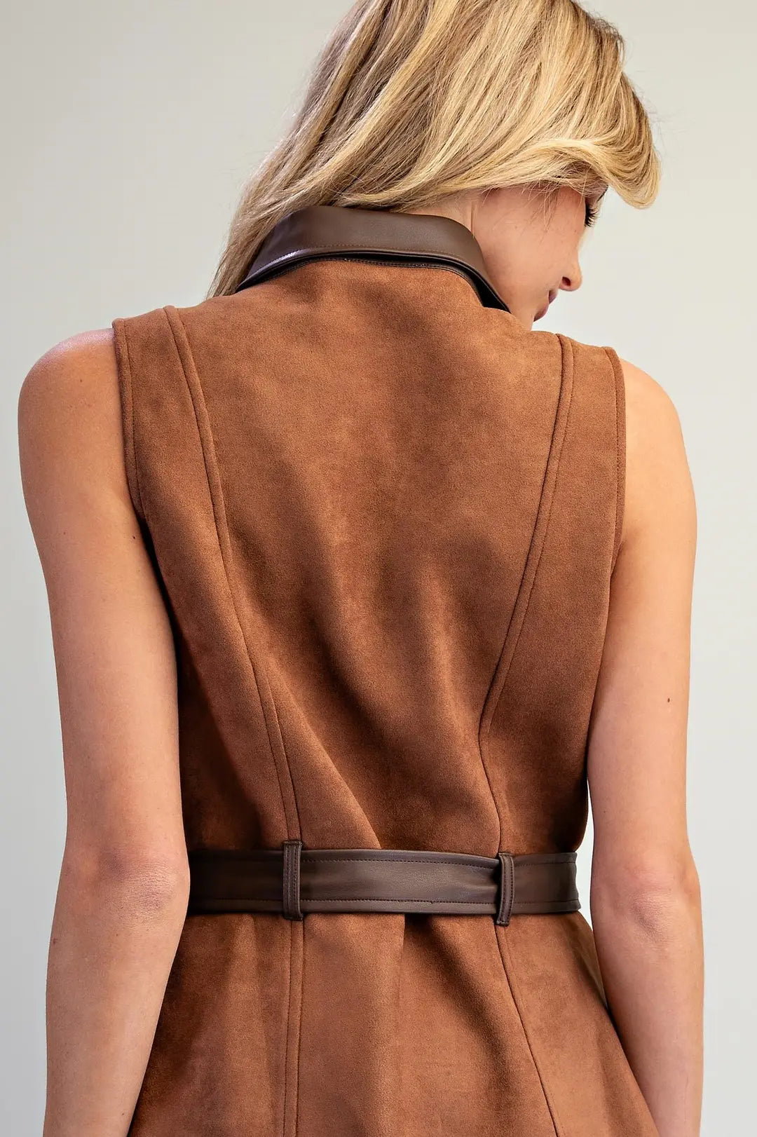 Suede Contrast Trim Sleeveless Dress Camel
